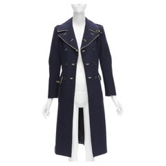 rare PRADA 2004 Runway navy wool grommet leather longline officer coat IT36 XXS