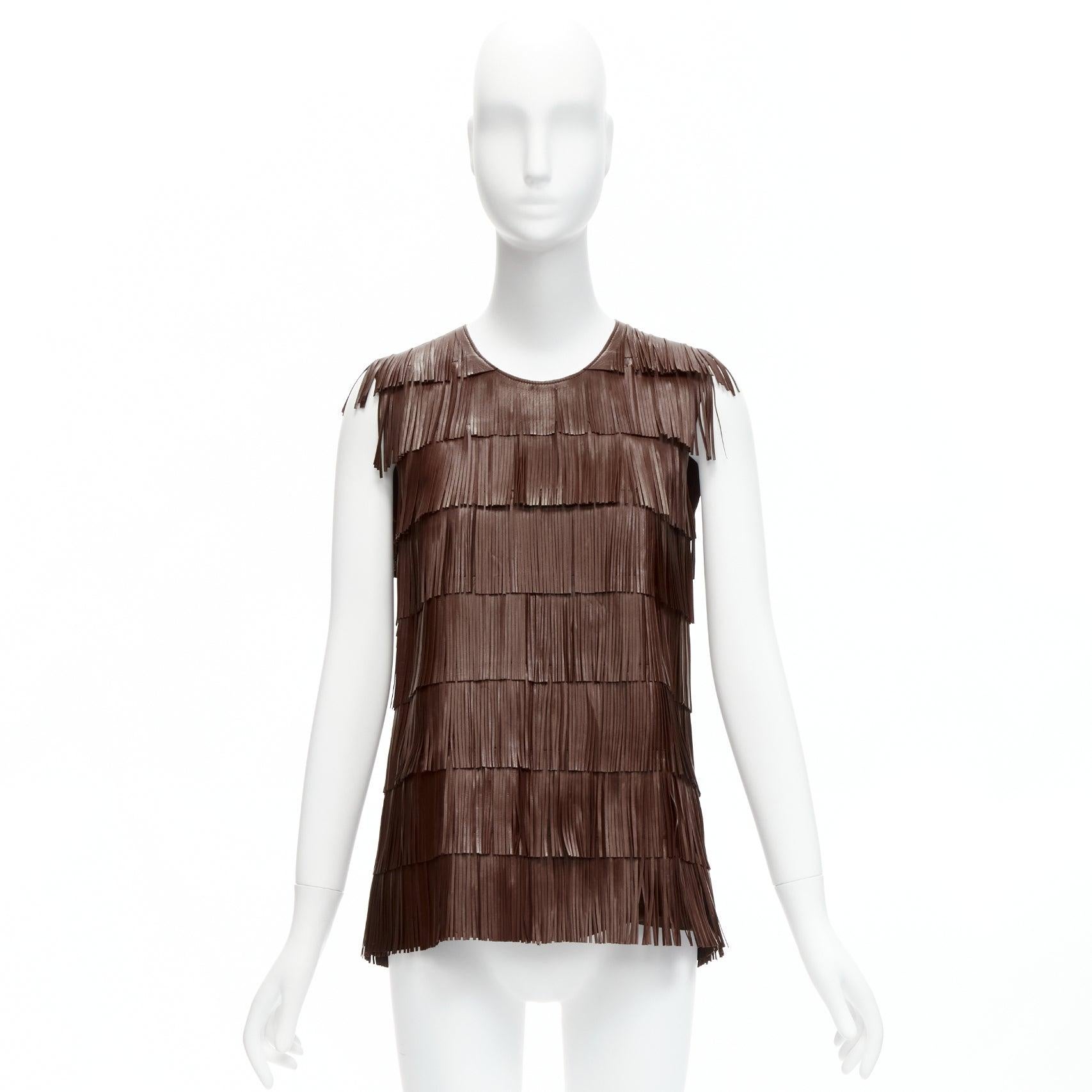 rare PRADA 2006 Runway brown leather tie fringe tunic top IT40 S Mary Kate Olsen 6