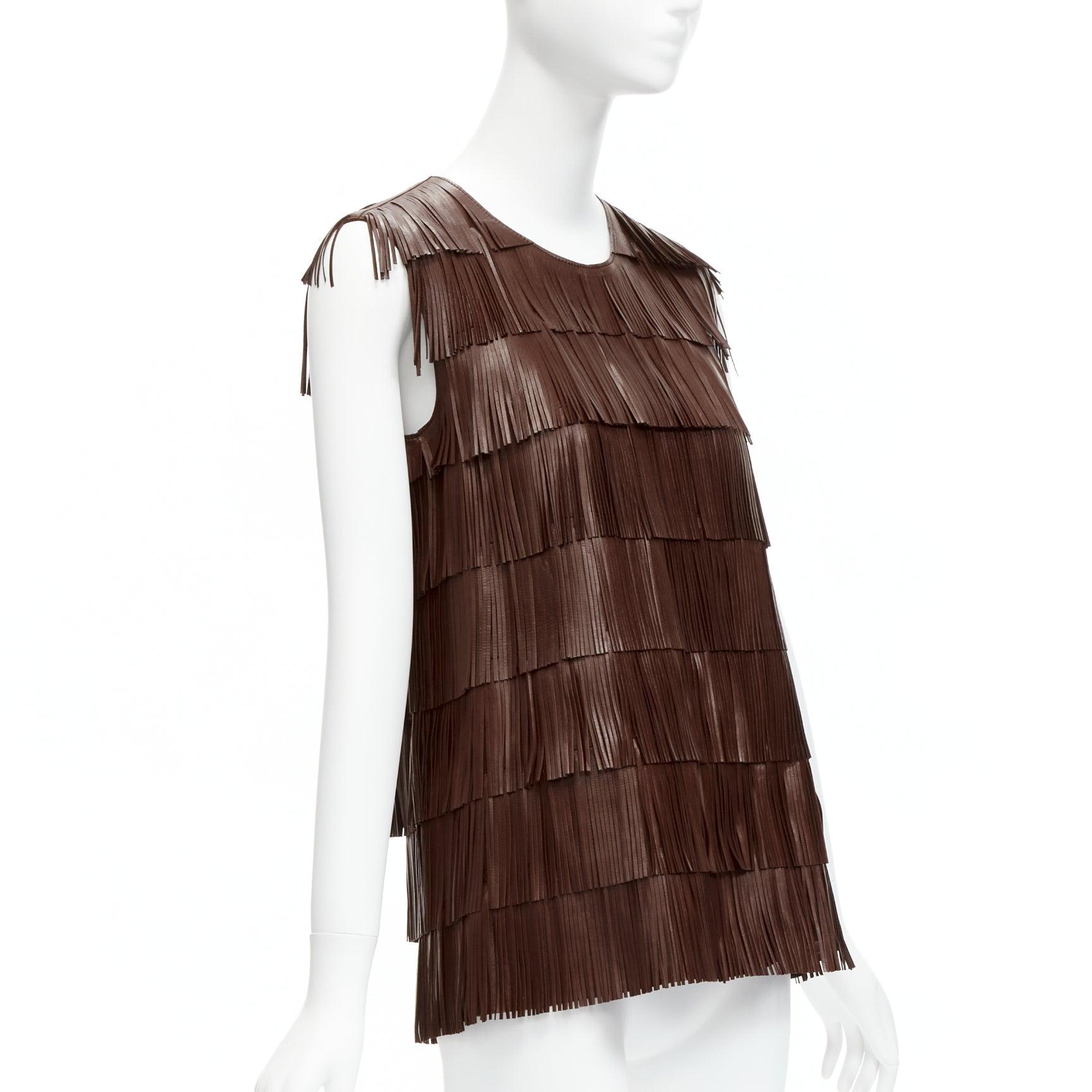 rare PRADA 2006 Runway brown leather tie fringe tunic top IT40 S Mary Kate Olsen In Good Condition In Hong Kong, NT