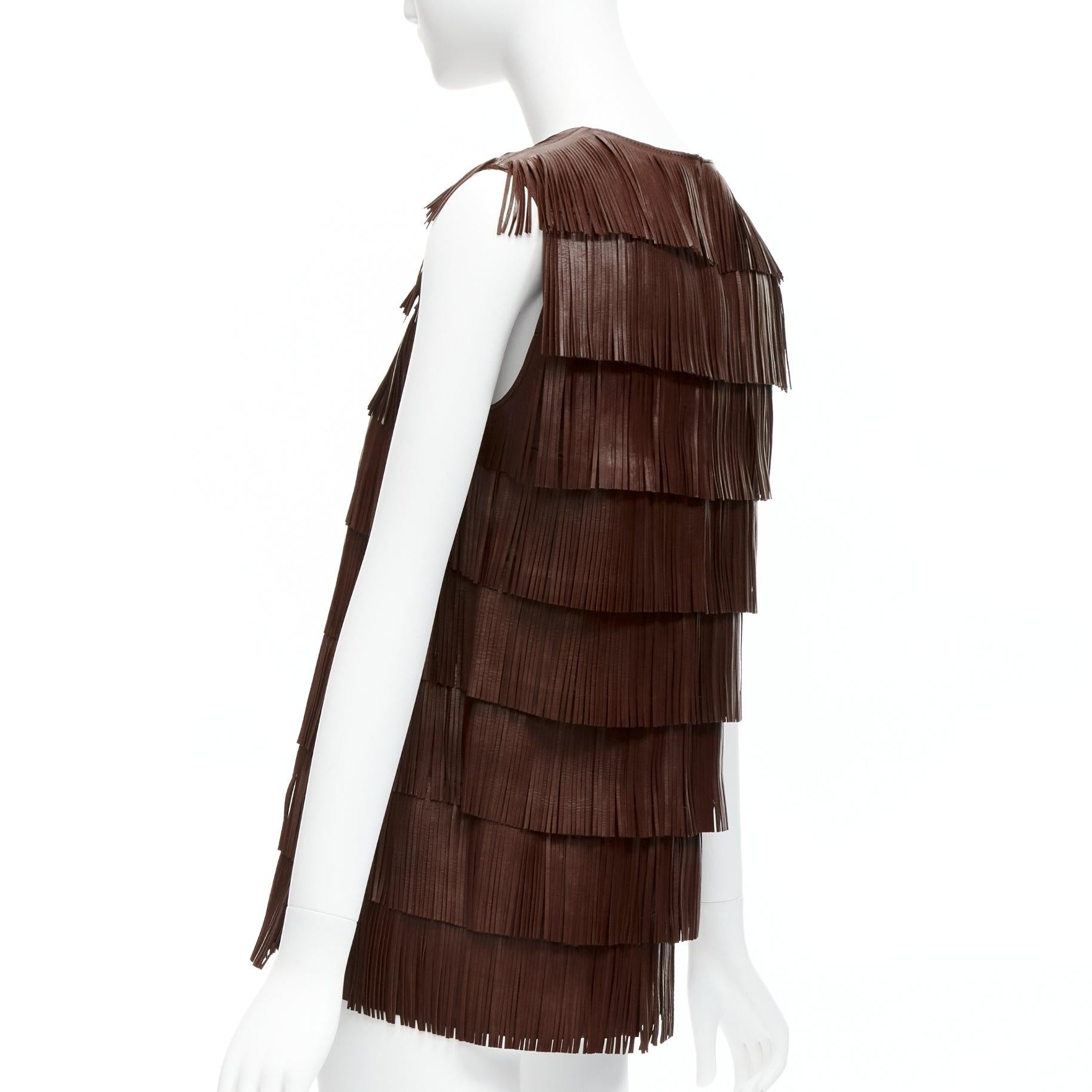 rare PRADA 2006 Runway brown leather tie fringe tunic top IT40 S Mary Kate Olsen 2