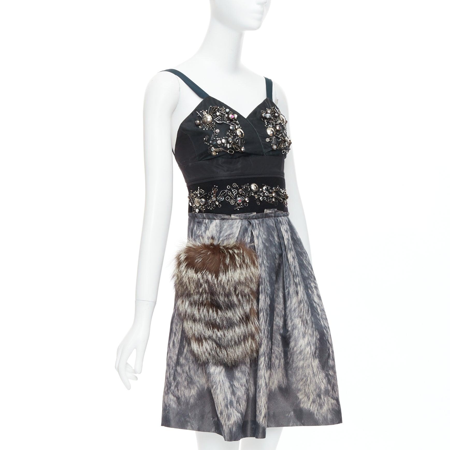 Gray rare PRADA 2006 Runway grey silk fur bolts embellished dress IT40 S For Sale