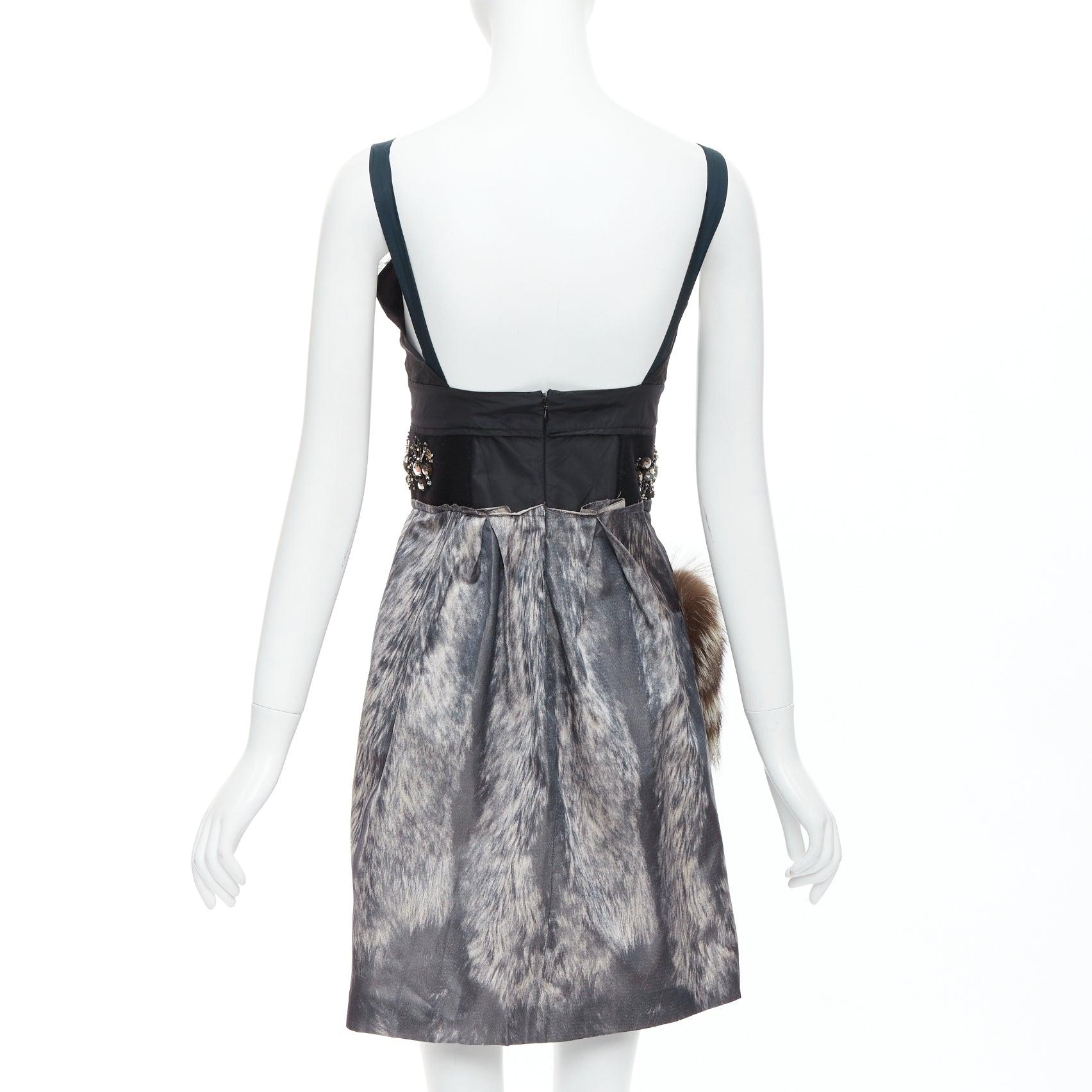Women's rare PRADA 2006 Runway grey silk fur bolts embellished dress IT40 S For Sale