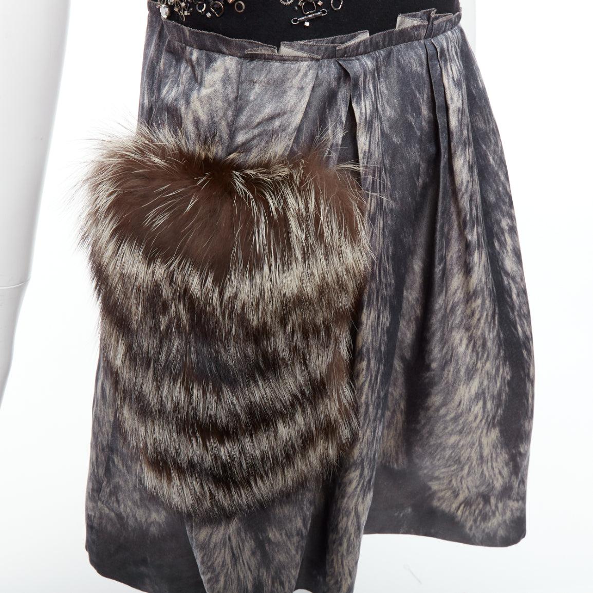 rare PRADA 2006 Runway grey silk fur bolts embellished dress IT40 S For Sale 2