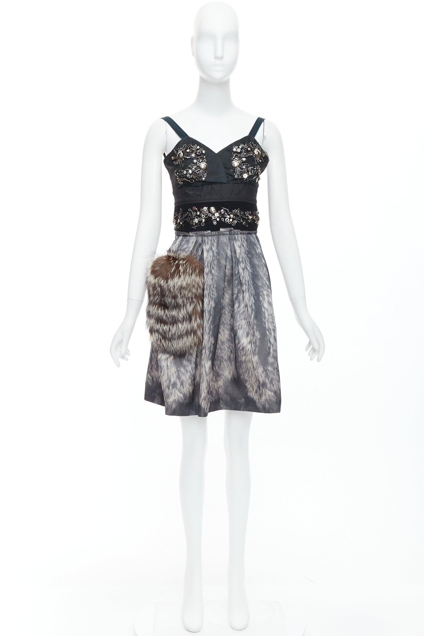 rare PRADA 2006 Runway grey silk fur bolts embellished dress IT40 S For Sale 4