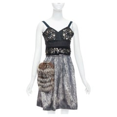 rare PRADA 2006 Runway grey silk fur bolts embellished dress IT40 S