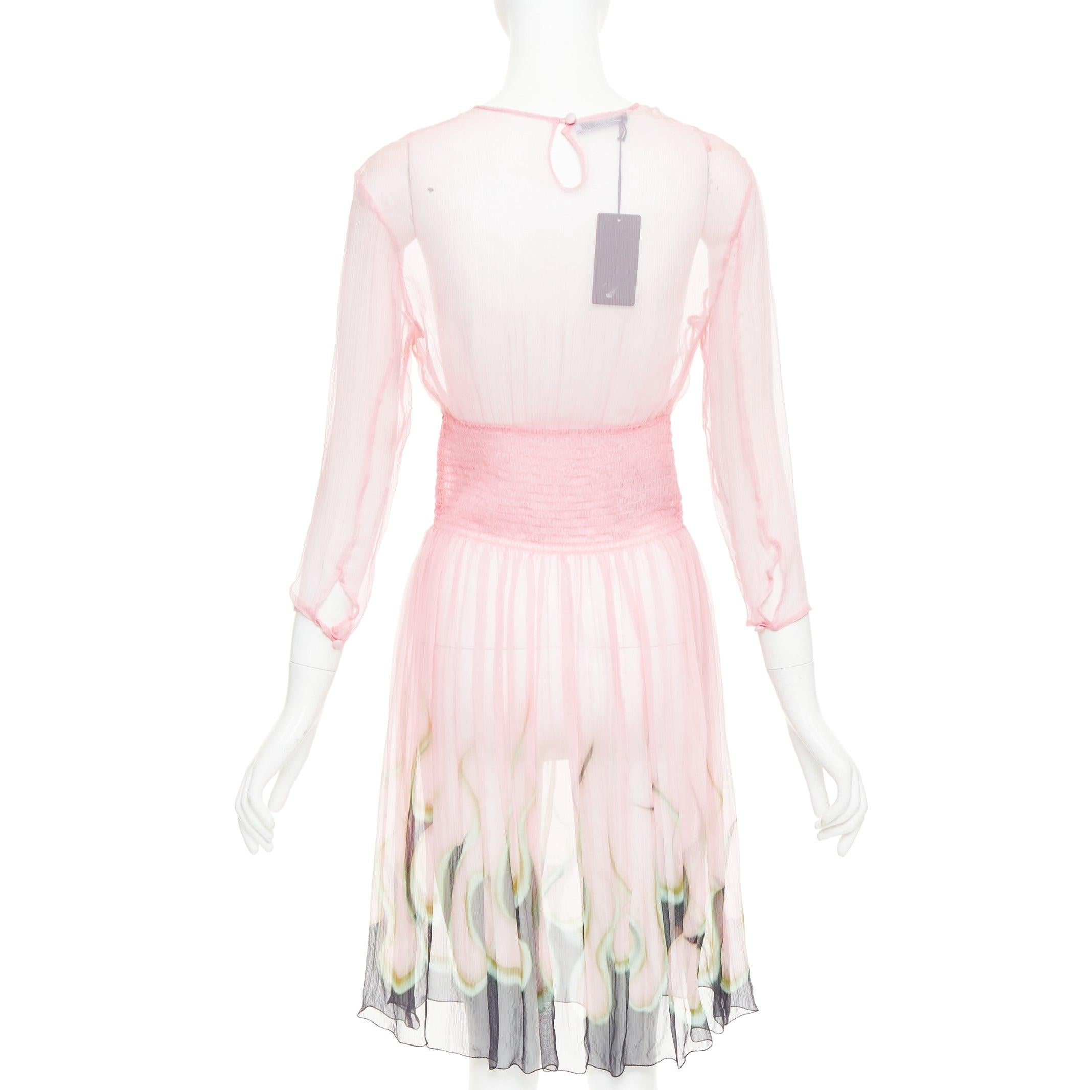 selten PRADA 2012 rosa durchsichtige Seide Chiffon grün schwarz Flamme Knie Kleid IT42 M Damen im Angebot