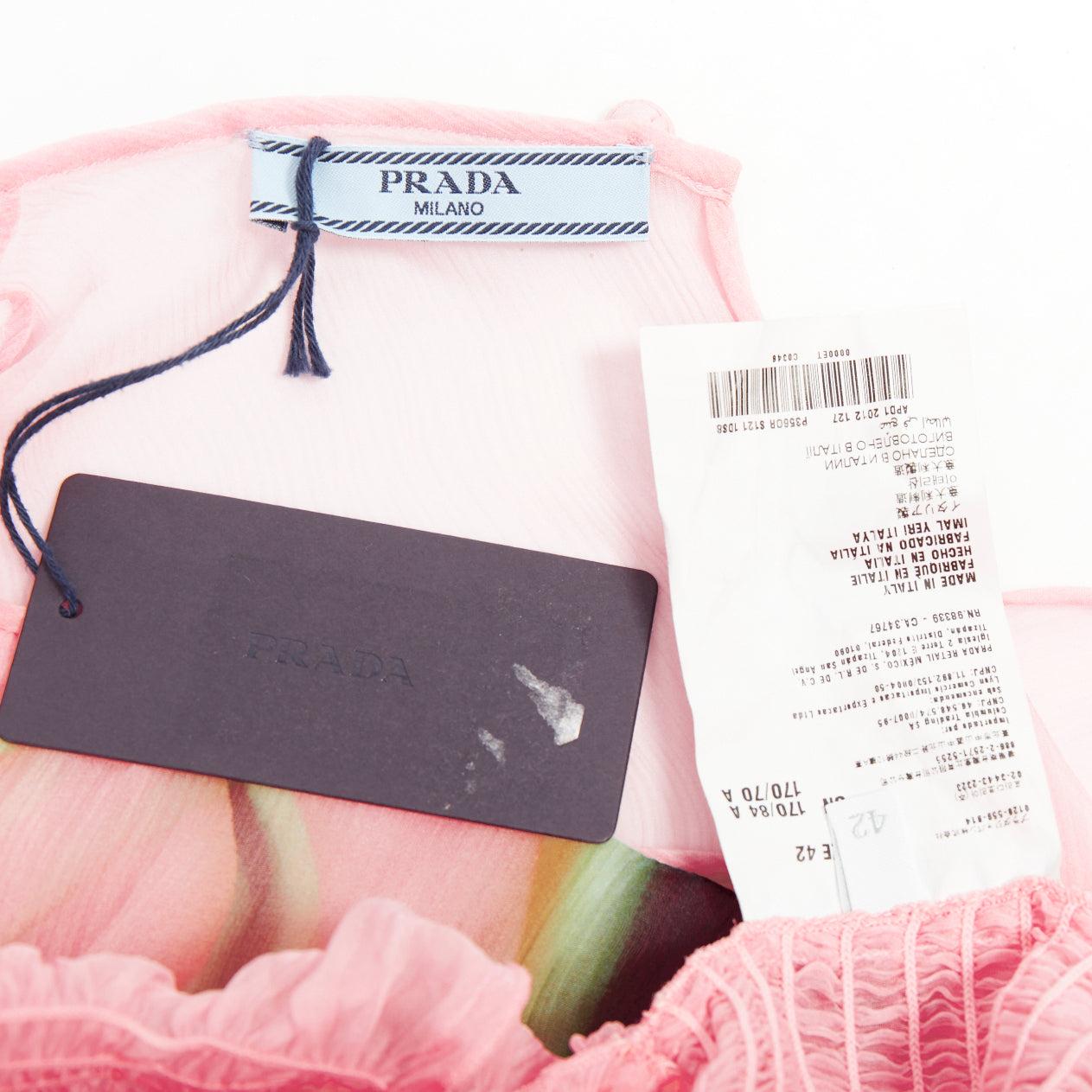 selten PRADA 2012 rosa durchsichtige Seide Chiffon grün schwarz Flamme Knie Kleid IT42 M im Angebot 3