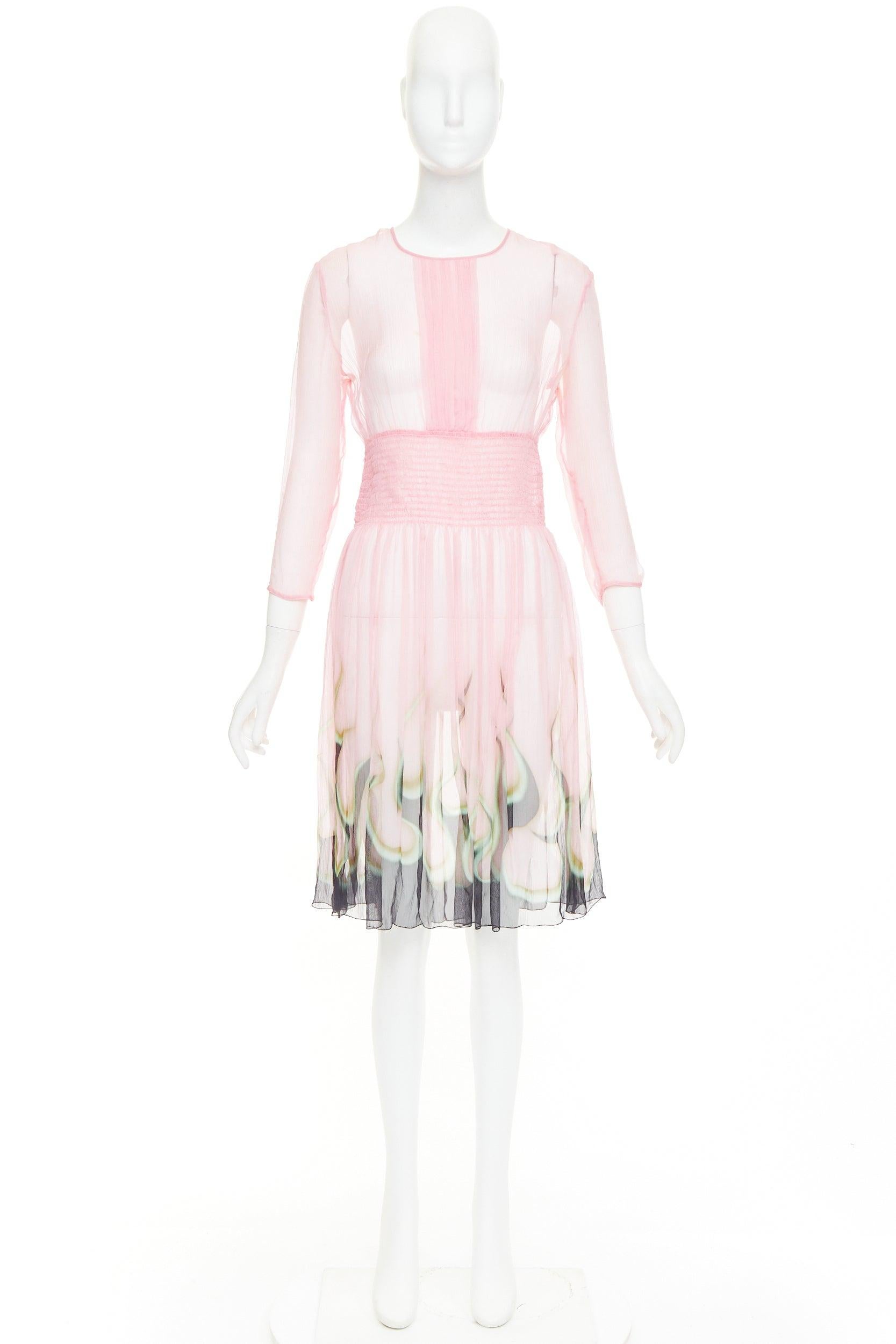 selten PRADA 2012 rosa durchsichtige Seide Chiffon grün schwarz Flamme Knie Kleid IT42 M im Angebot 4