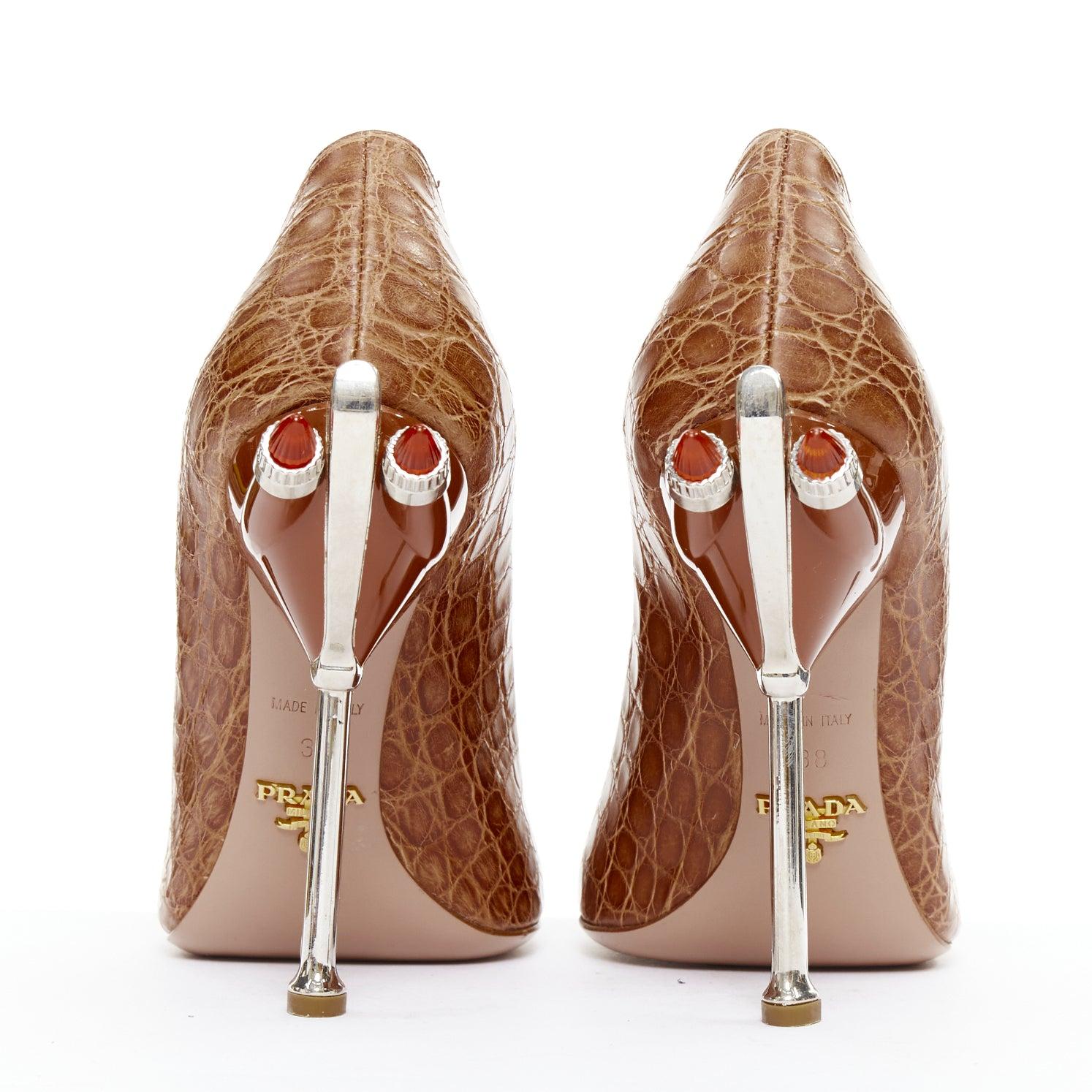 selten PRADA 2012 Runway 50s Hot Rod braun Kroko rot Rakete Flamme Ferse Pumpe EU37 Damen im Angebot