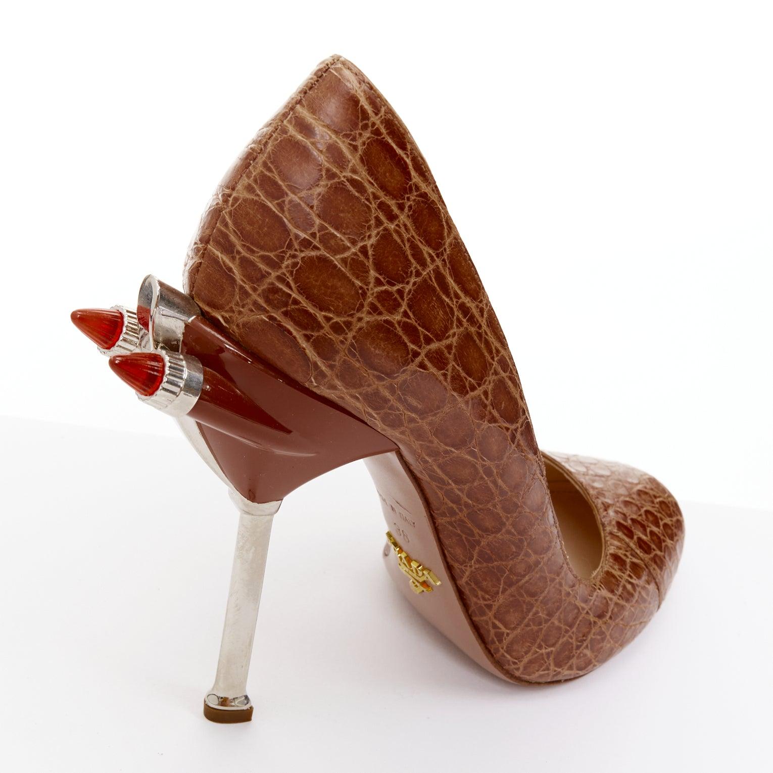 selten PRADA 2012 Runway 50s Hot Rod braun Kroko rot Rakete Flamme Ferse Pumpe EU37 im Angebot 1