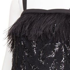 rare PRADA 2014 black sequinned lace ostrich feather strappy mini dress IT38 XS