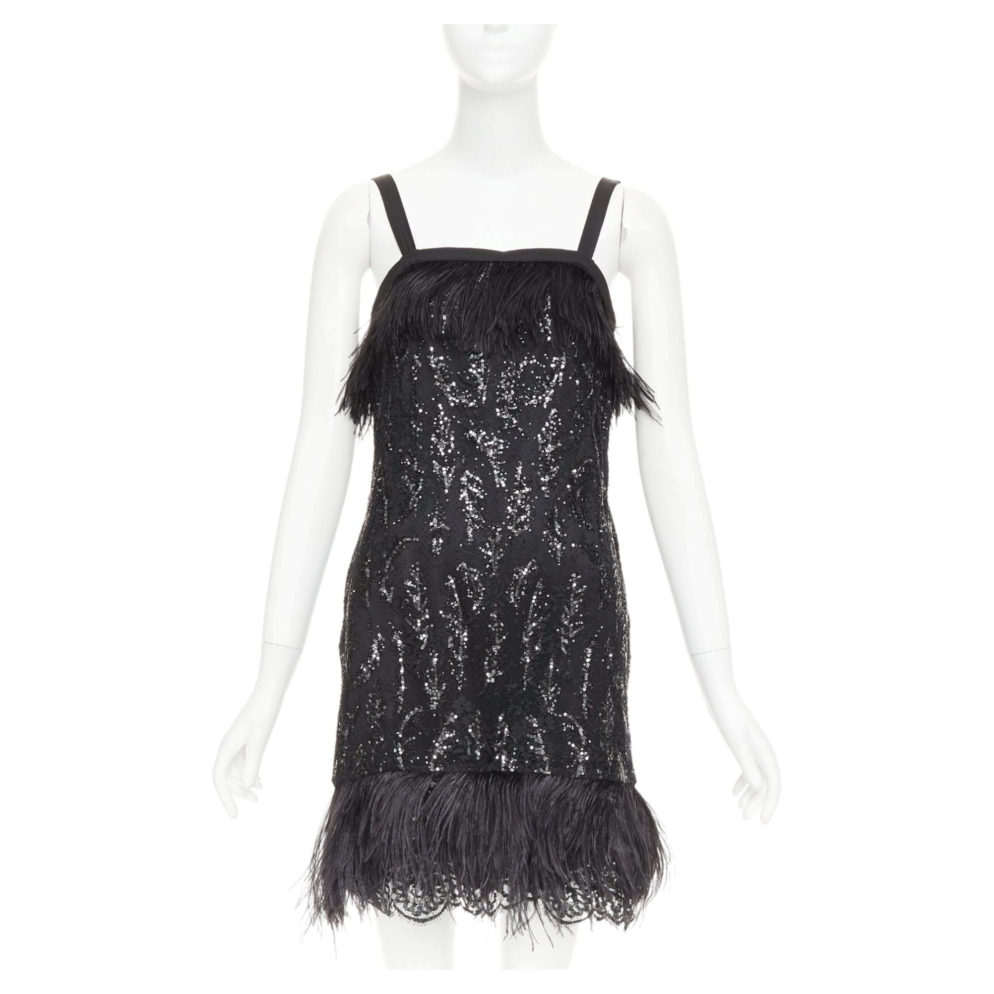 Pre-owned Prada Rare  2014 Black Sequinned Lace Ostrich Feather Strappy Mini Dress It38 Xs
