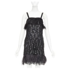 rare PRADA 2014 black sequinned lace ostrich feather strappy mini dress IT38 XS