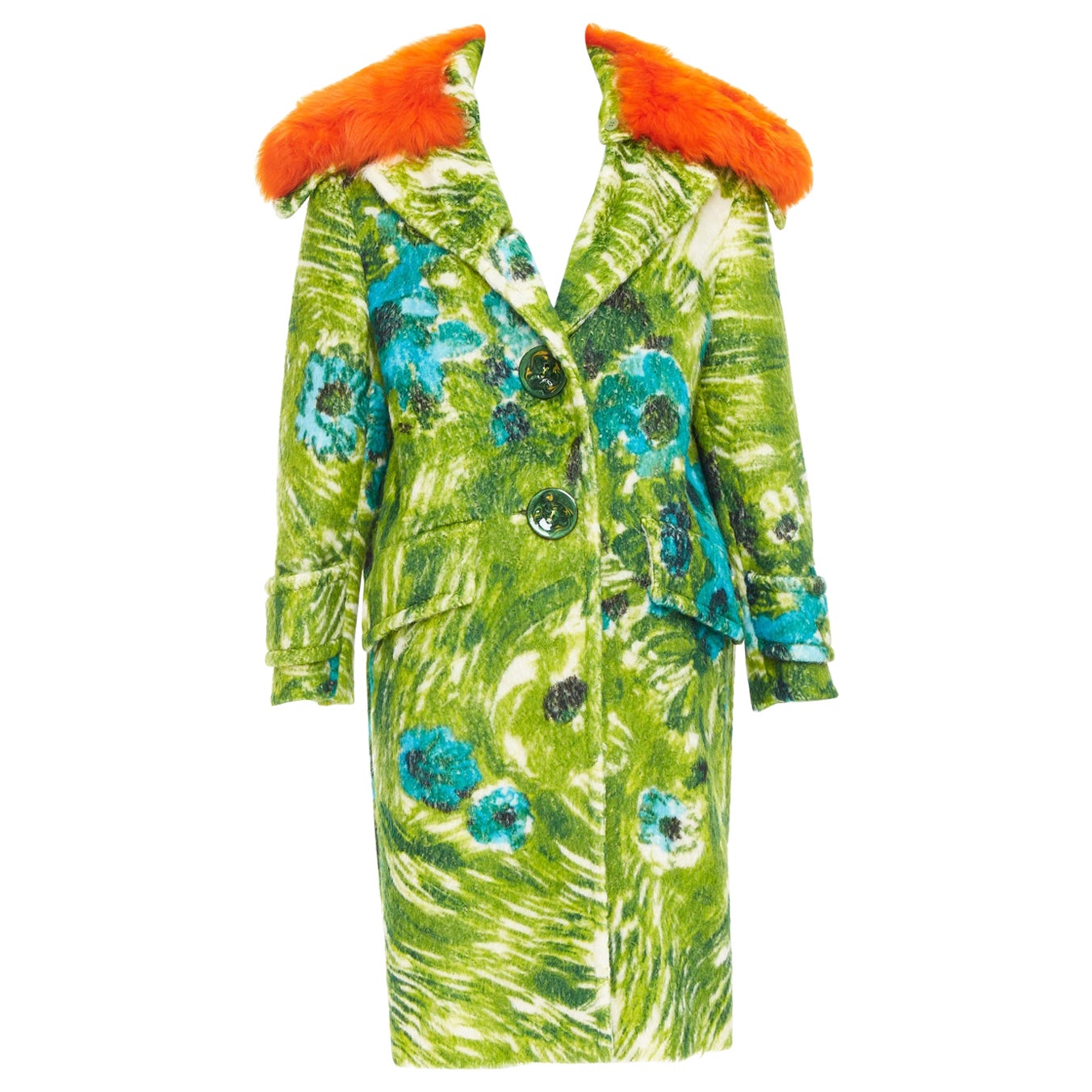 Pre-owned Miuccia Prada Rare Prada 2017 Runway Alpaca Wool Floral Orange Sheep Fur Collar Coat It40 S
