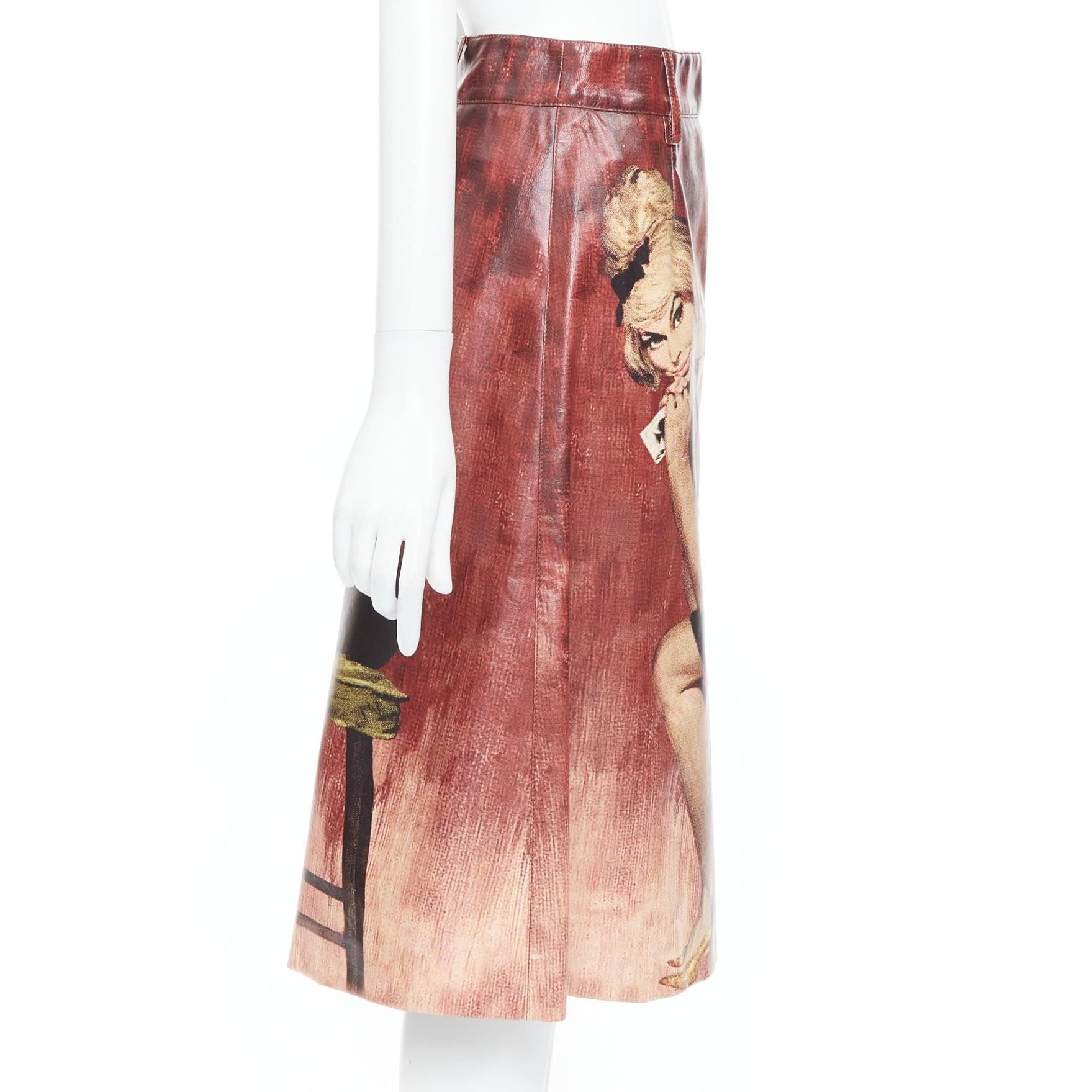 Brown rare PRADA 2017 Runway coated cotton Poster Pin Up Girl print skirt IT38 XS