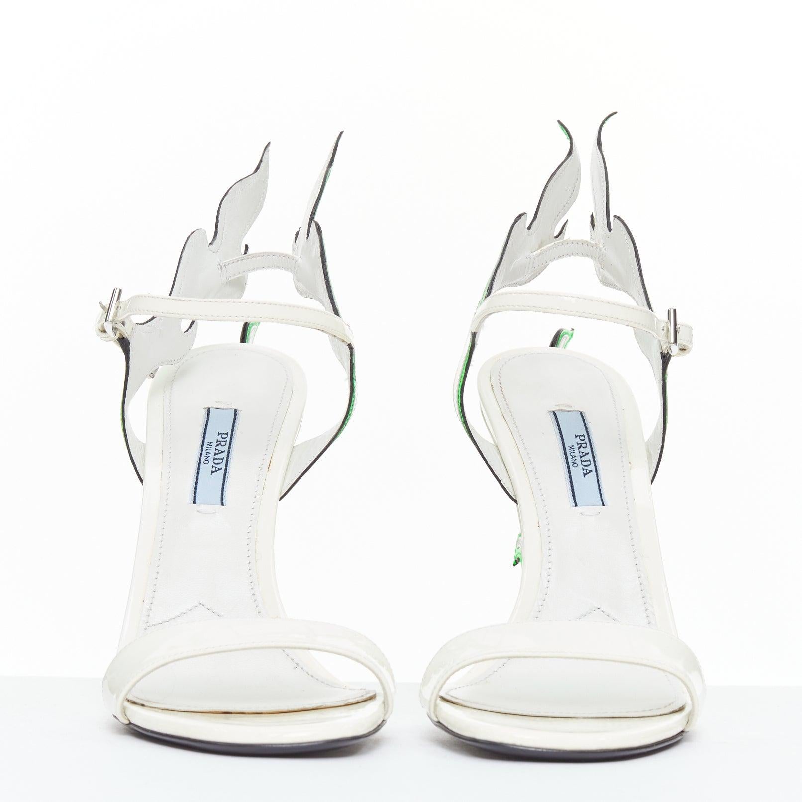 rare PRADA 2018 Flame Wedge white neon green patent Fire heel sandal EU37 Gris en venta