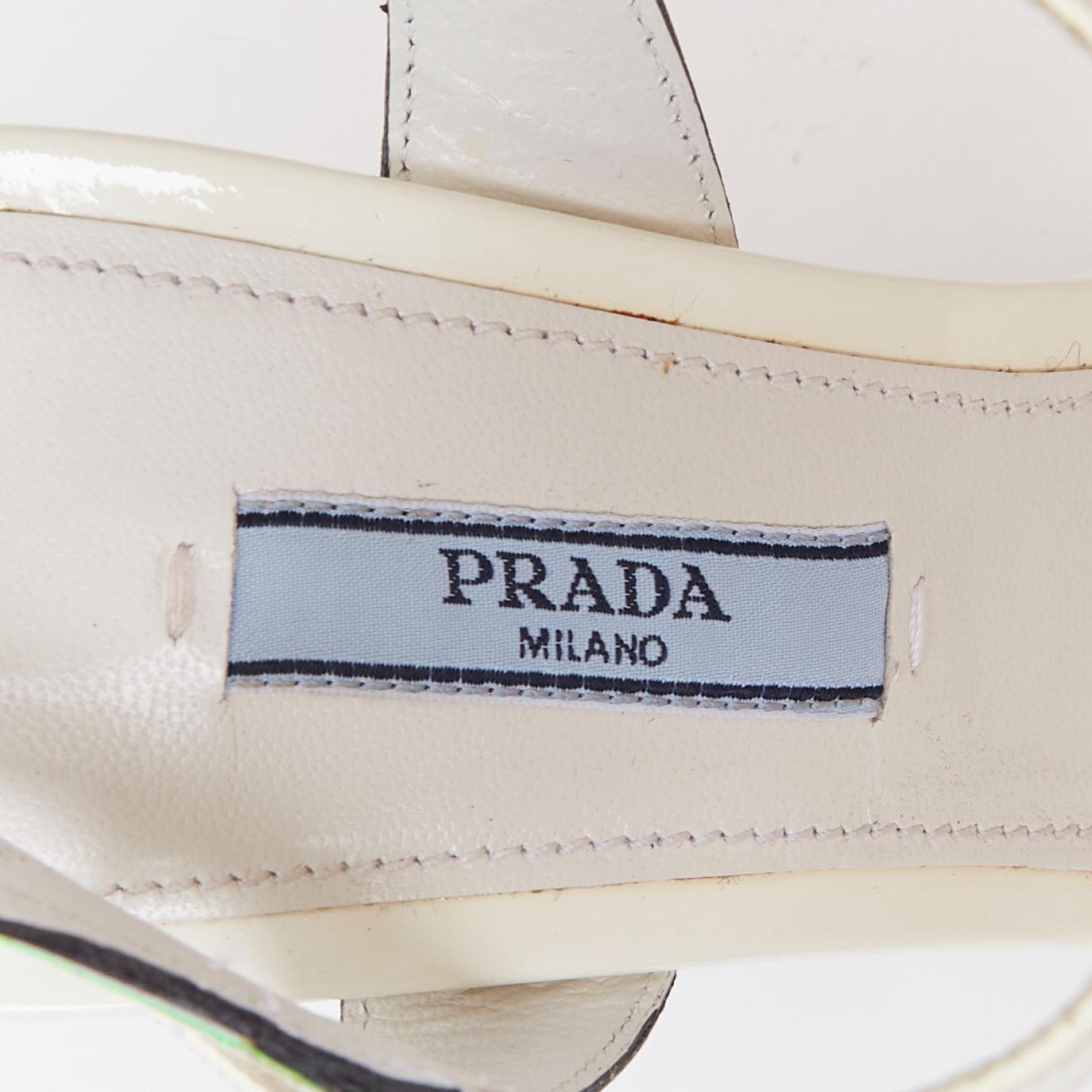 rare PRADA 2018 Flame Wedge white neon green patent Fire heel sandal EU37 en venta 2