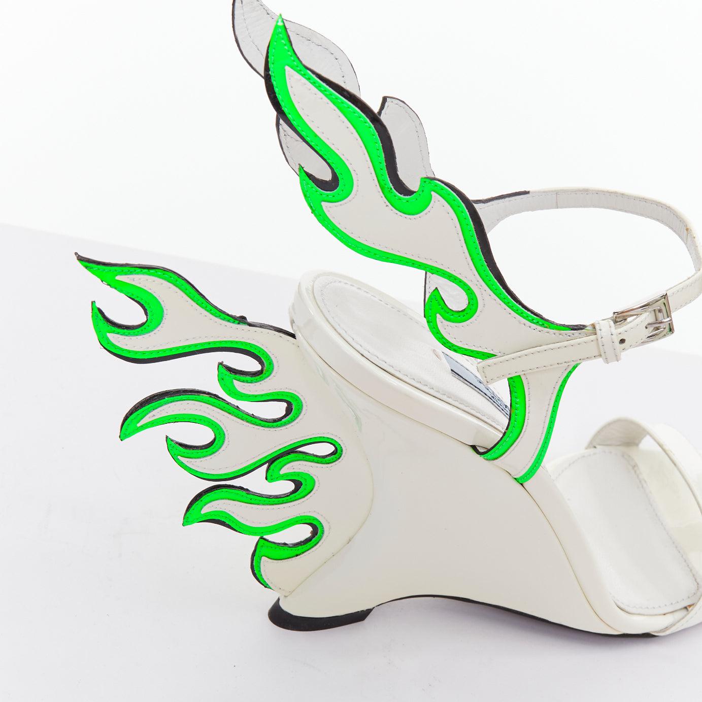rare PRADA 2018 Flame Wedge white neon green patent Fire heel sandal EU37 en venta 3