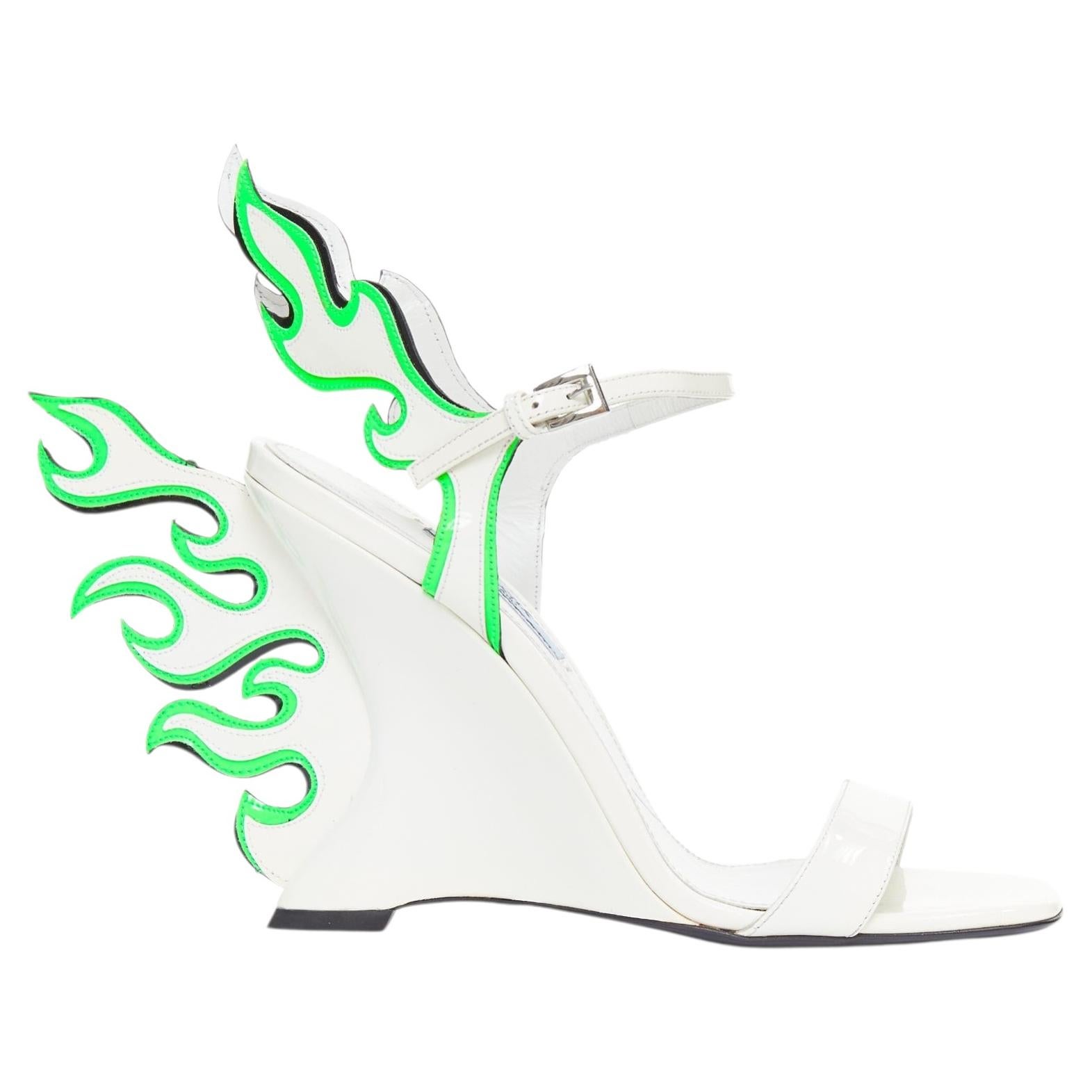 Pre-owned Prada Rare  2018 Flame Wedge White Neon Green Patent Fire Heel Sandal Eu37