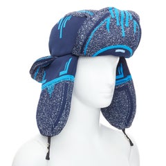 rare PRADA 2019 Runway blue grey logo jacquard padded trapper hat L