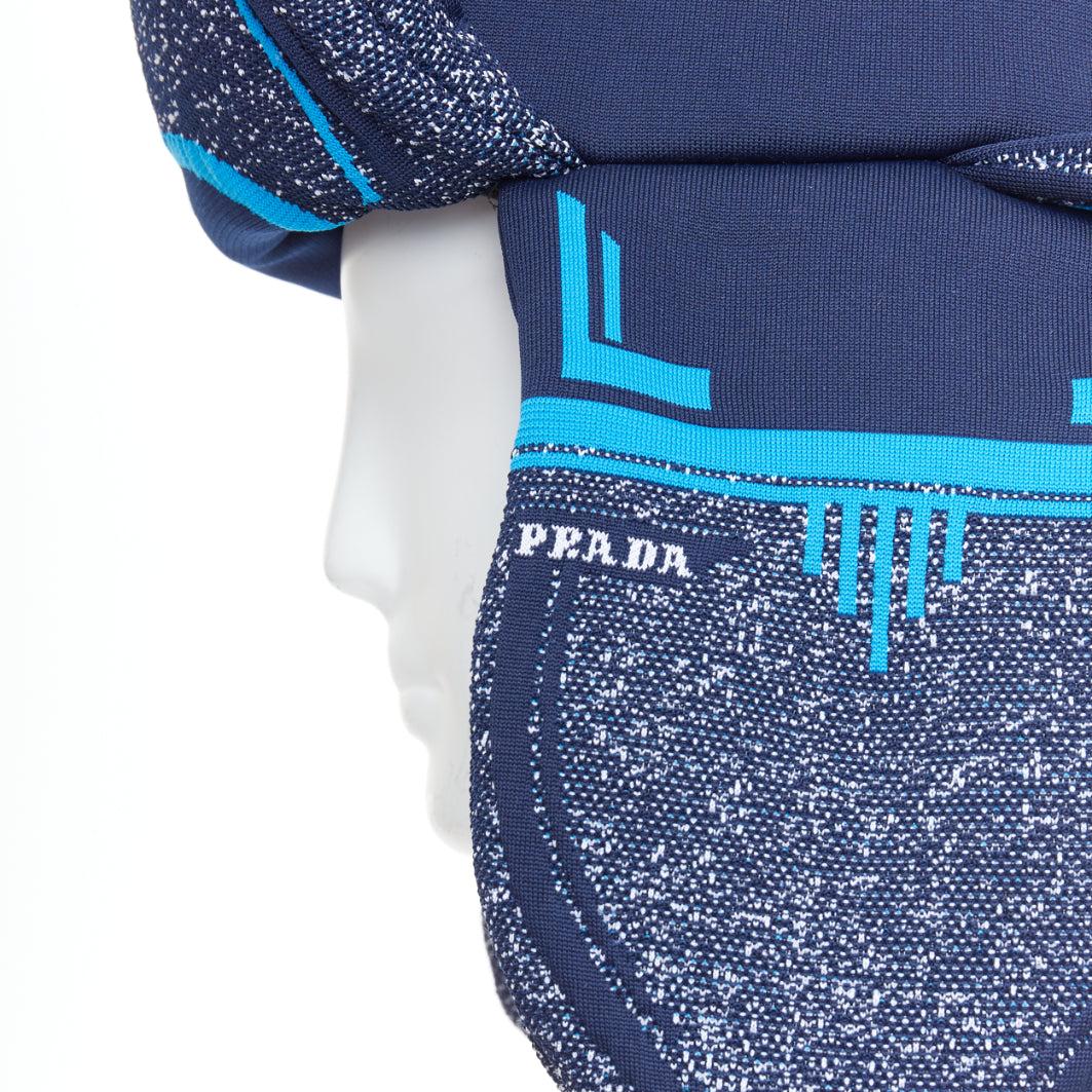 Blue rare PRADA 2019 Runway blue grey logo jacquard padded trapper hat L