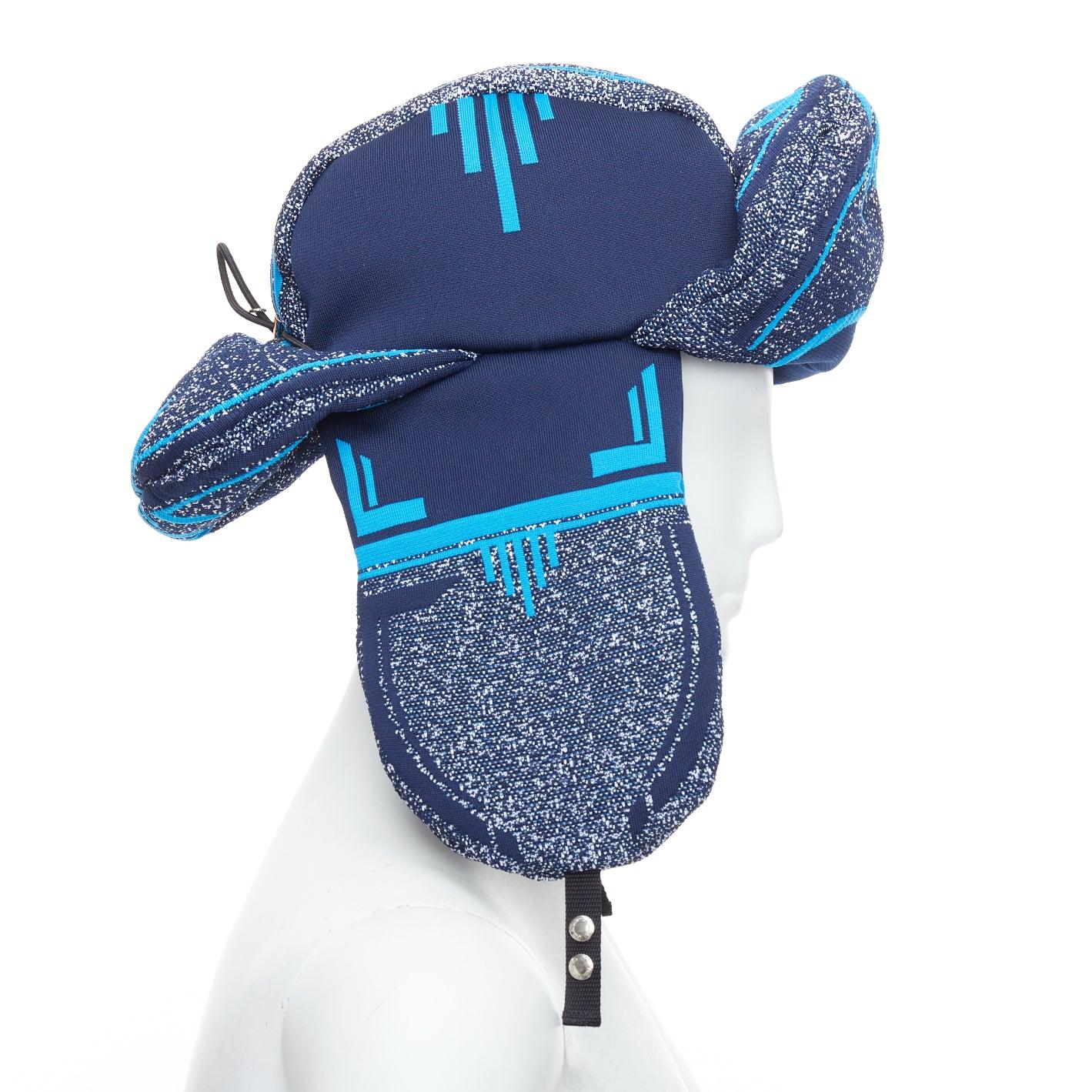 rare PRADA 2019 Runway blue grey logo jacquard padded trapper hat L In New Condition In Hong Kong, NT