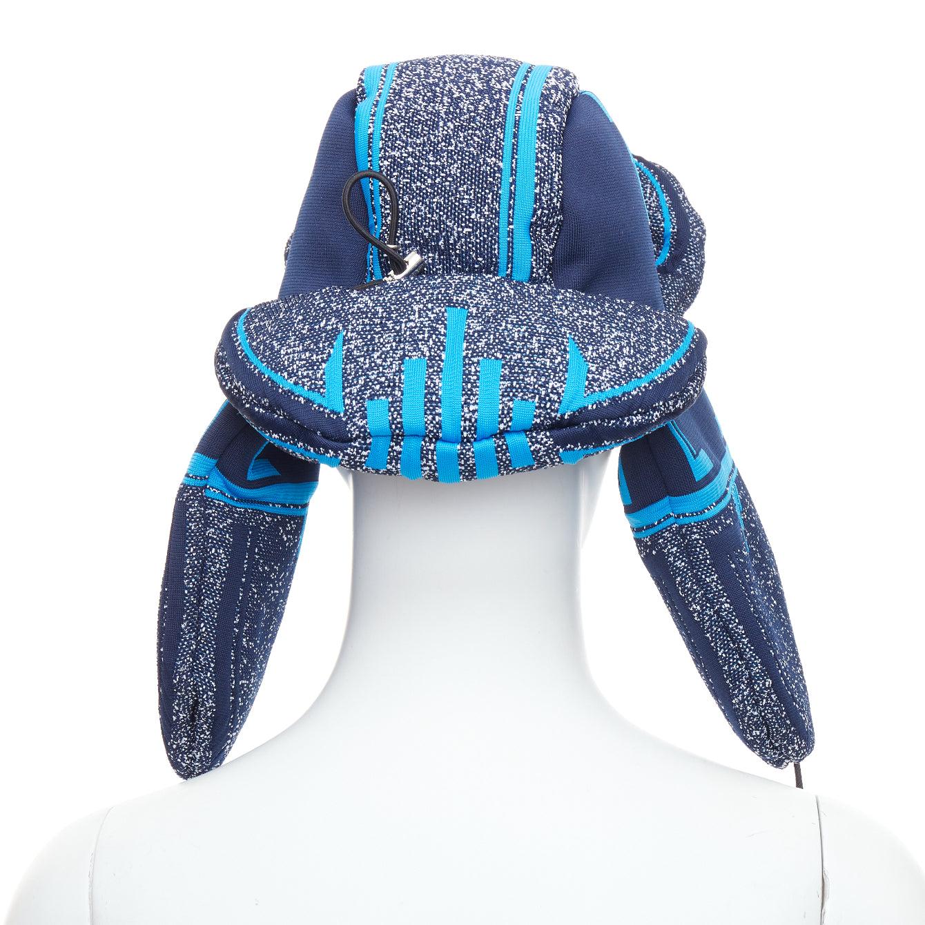 Men's rare PRADA 2019 Runway blue grey logo jacquard padded trapper hat L