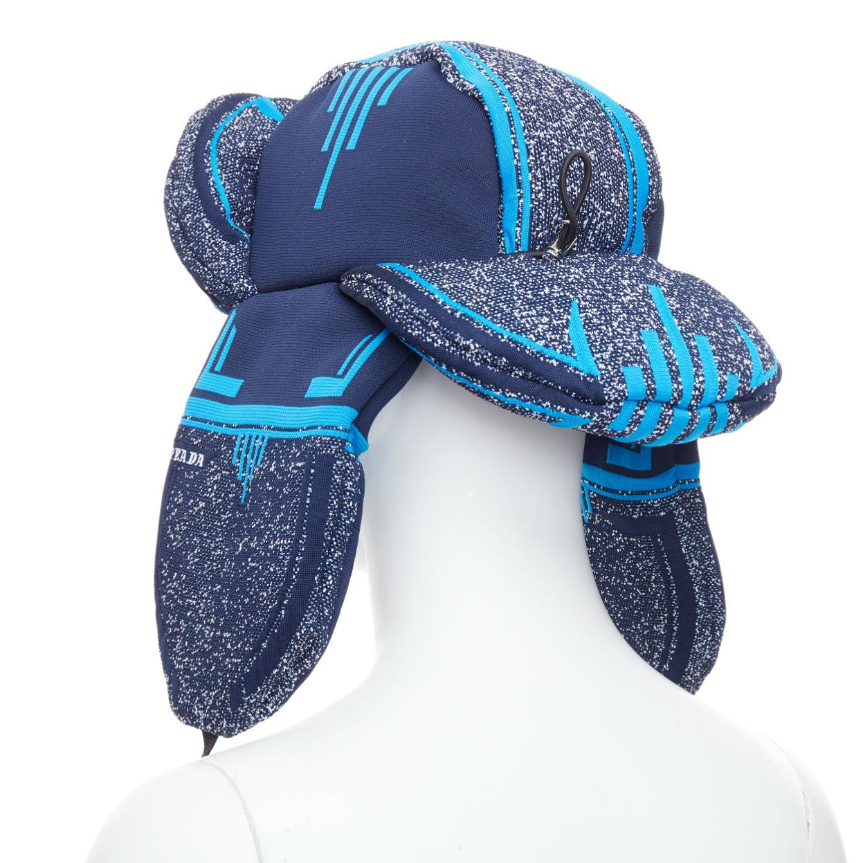 rare PRADA 2019 Runway blue grey logo jacquard padded trapper hat L 1