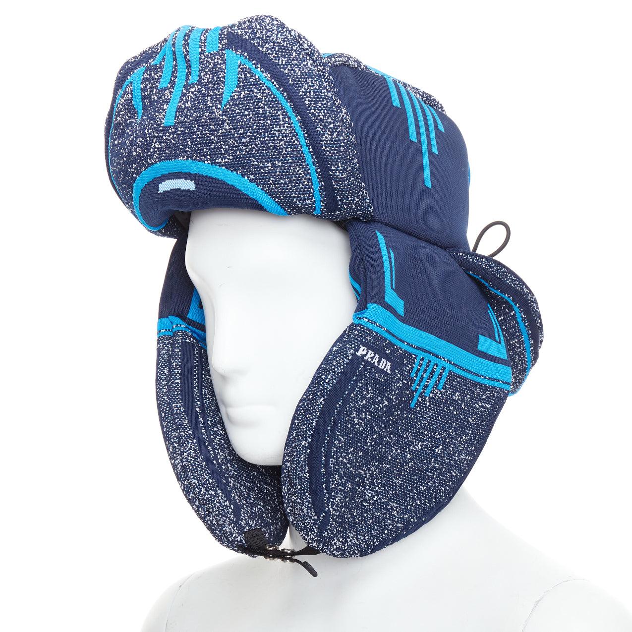rare PRADA 2019 Runway blue grey logo jacquard padded trapper hat L 2