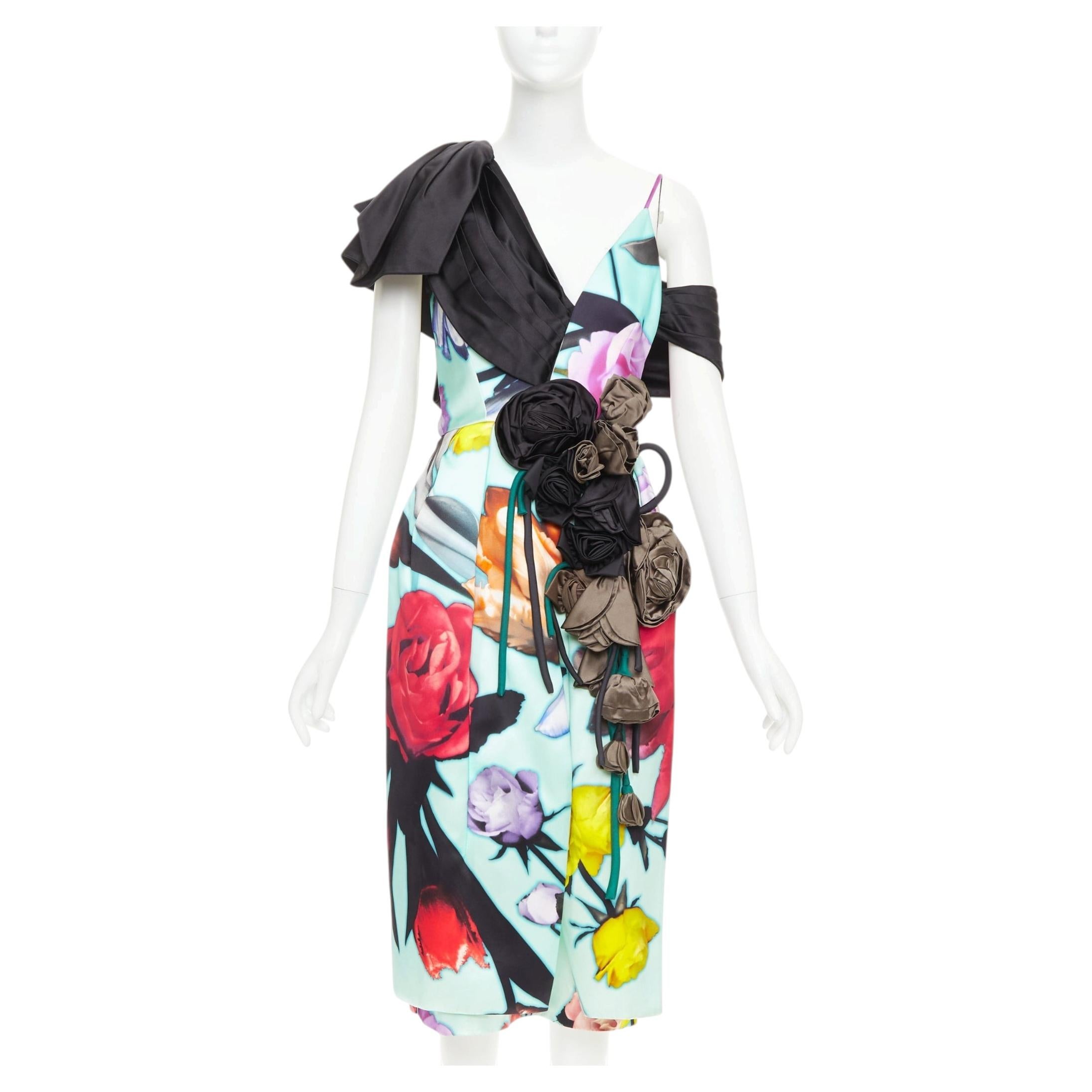 rare PRADA 2019 Runway Floral Print Cascade Rosette applique dress IT38 XS