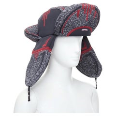 rare PRADA 2019 Runway red grey logo jacquard padded trapper hat L