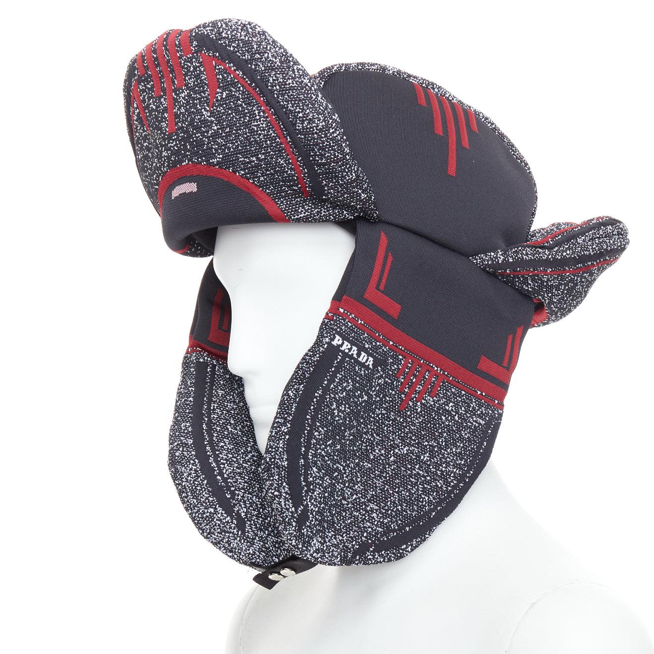 Gray rare PRADA 2019 Runway red grey logo jacquard padded trapper hat L For Sale