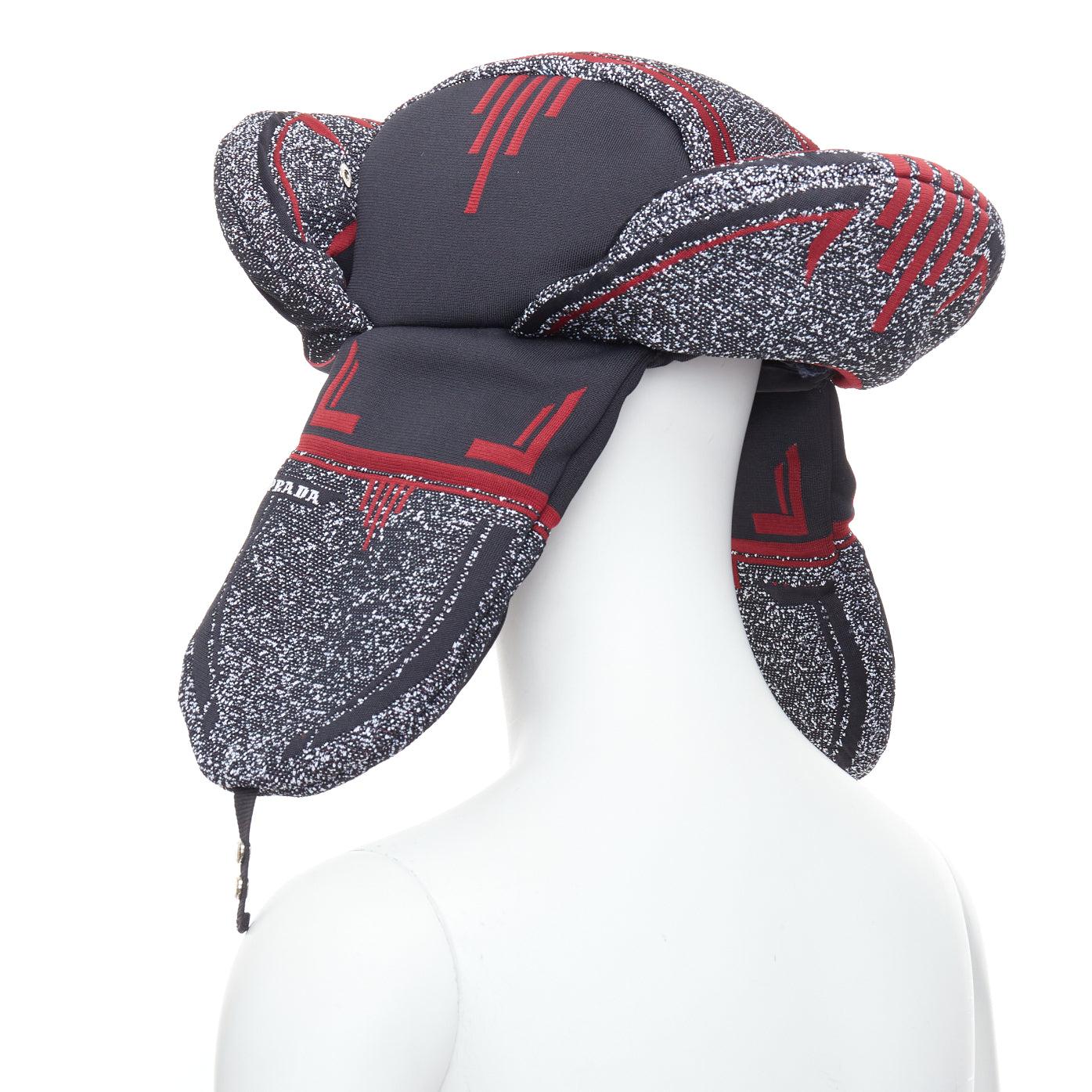 rare PRADA 2019 Runway red grey logo jacquard padded trapper hat L For Sale 1