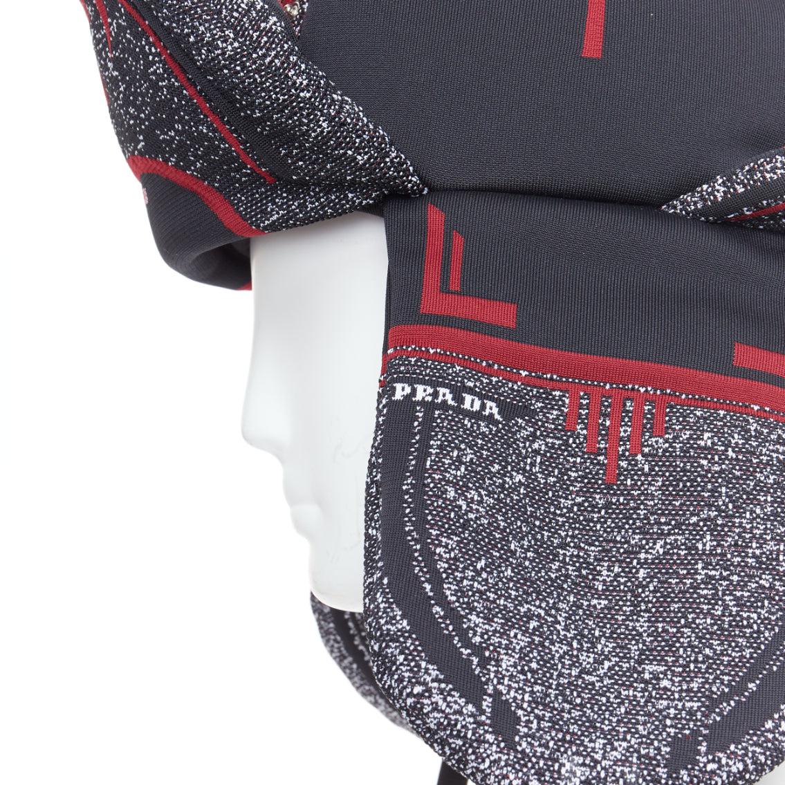 rare PRADA 2019 Runway red grey logo jacquard padded trapper hat L For Sale 2