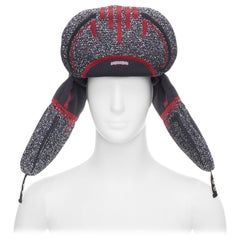 rare PRADA 2019 Runway red grey logo jacquard padded trapper hat L