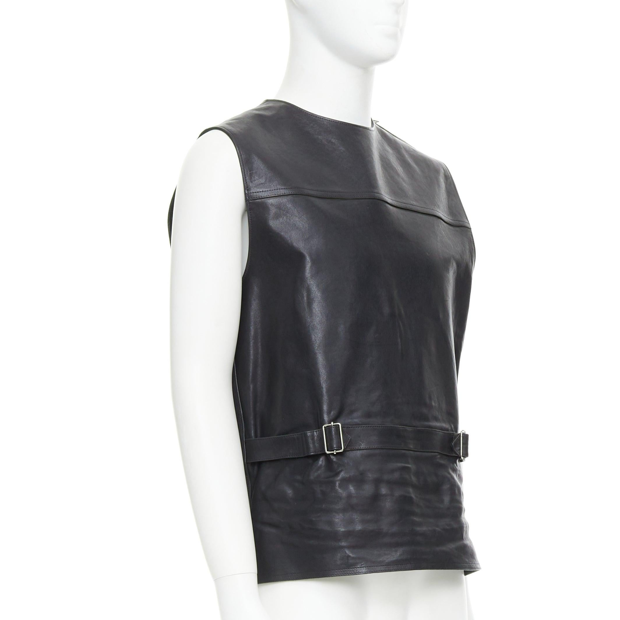 raro PRADA 2023 Pasarela Raf Simons Chaleco con hebilla de piel de becerro Vitello IT48 M Negro en venta