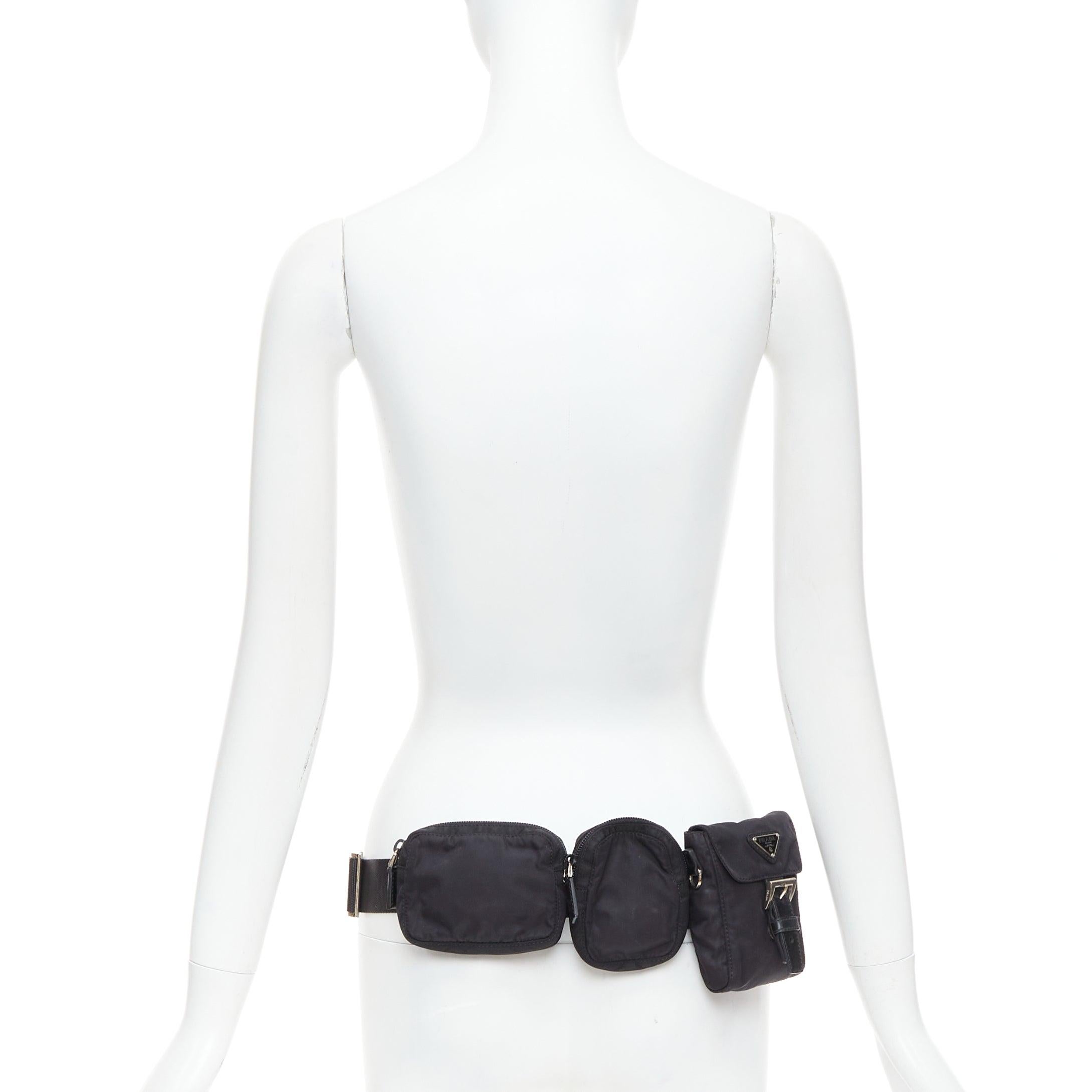 rare PRADA black nylon silver triangle logo leather triple pouch waist bag
Reference: TGAS/E00350
Brand: Prada
Designer: Miuccia Prada
Material: Nylon, Leather
Color: Black, Silver
Pattern: Solid
Closure: Magnet
Lining: Black Fabric
Extra Details: