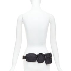 rare PRADA black nylon silver triangle logo leather triple pouch waist bag