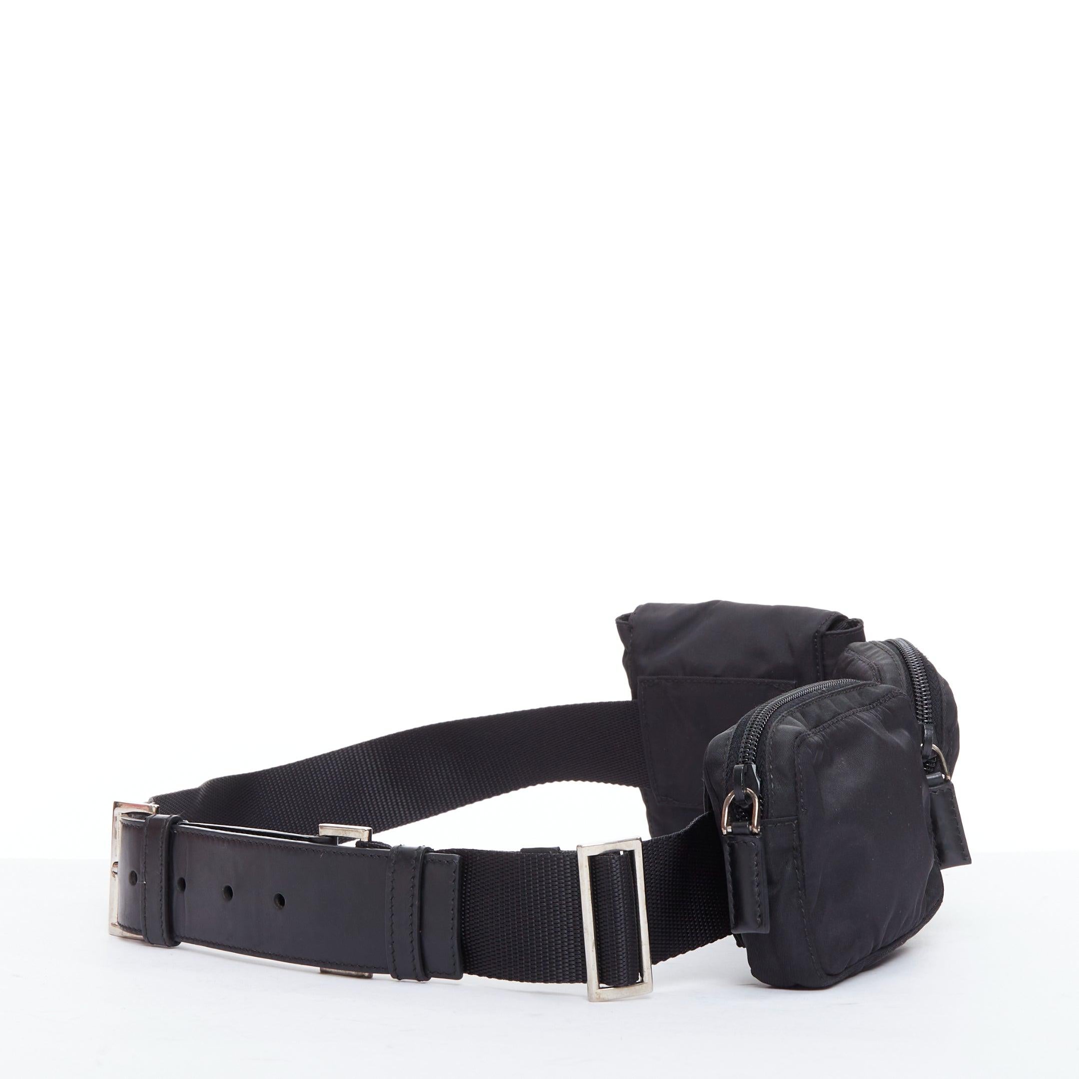Black rare PRADA black nylon silver triangle logo leather triple pouch waist bag For Sale