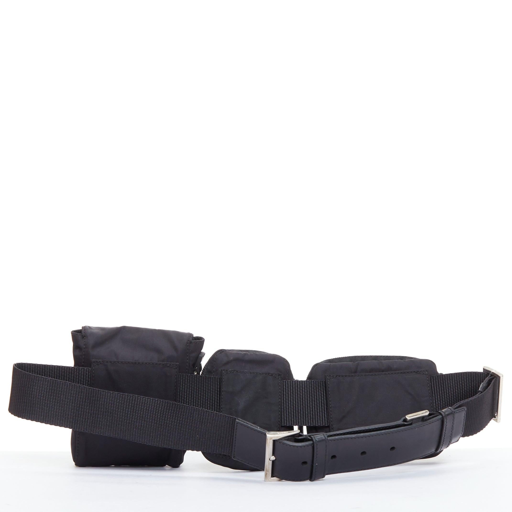 rare PRADA black nylon silver triangle logo leather triple pouch waist bag In Good Condition For Sale In Hong Kong, NT