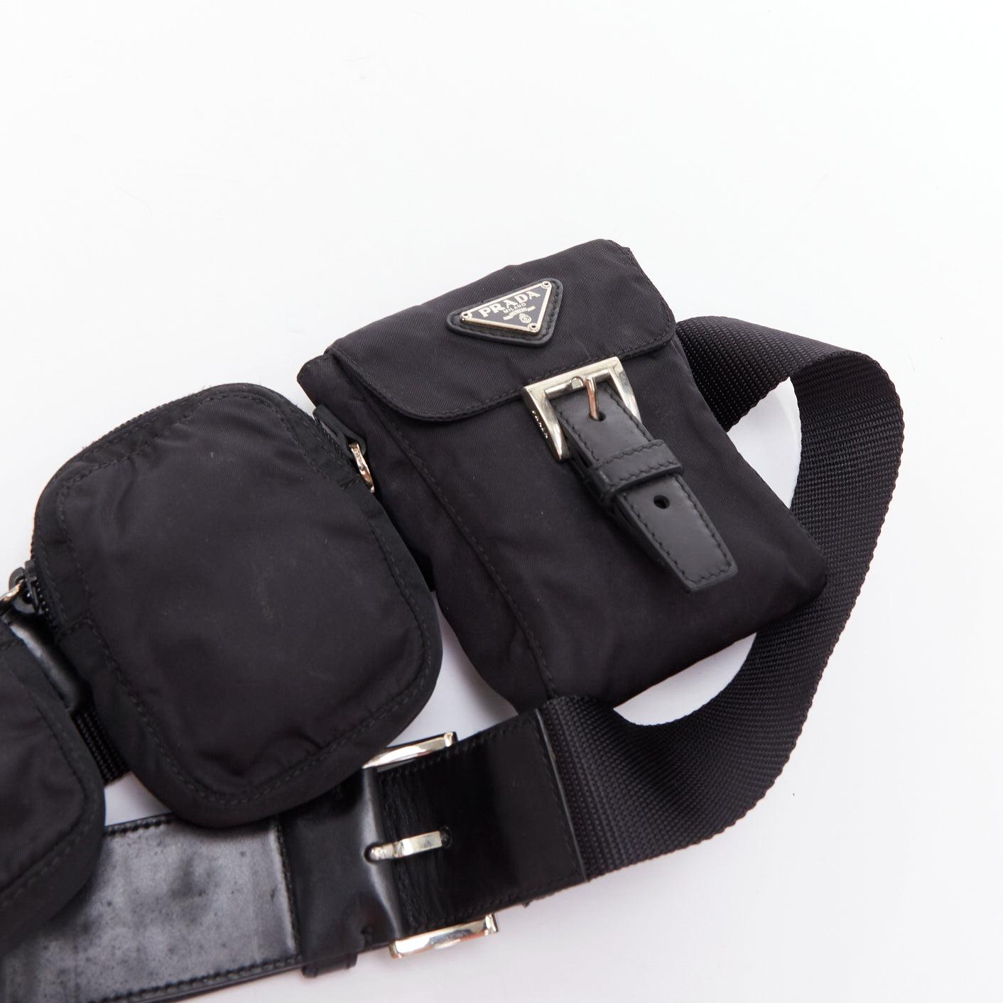 Women's rare PRADA black nylon silver triangle logo leather triple pouch waist bag For Sale