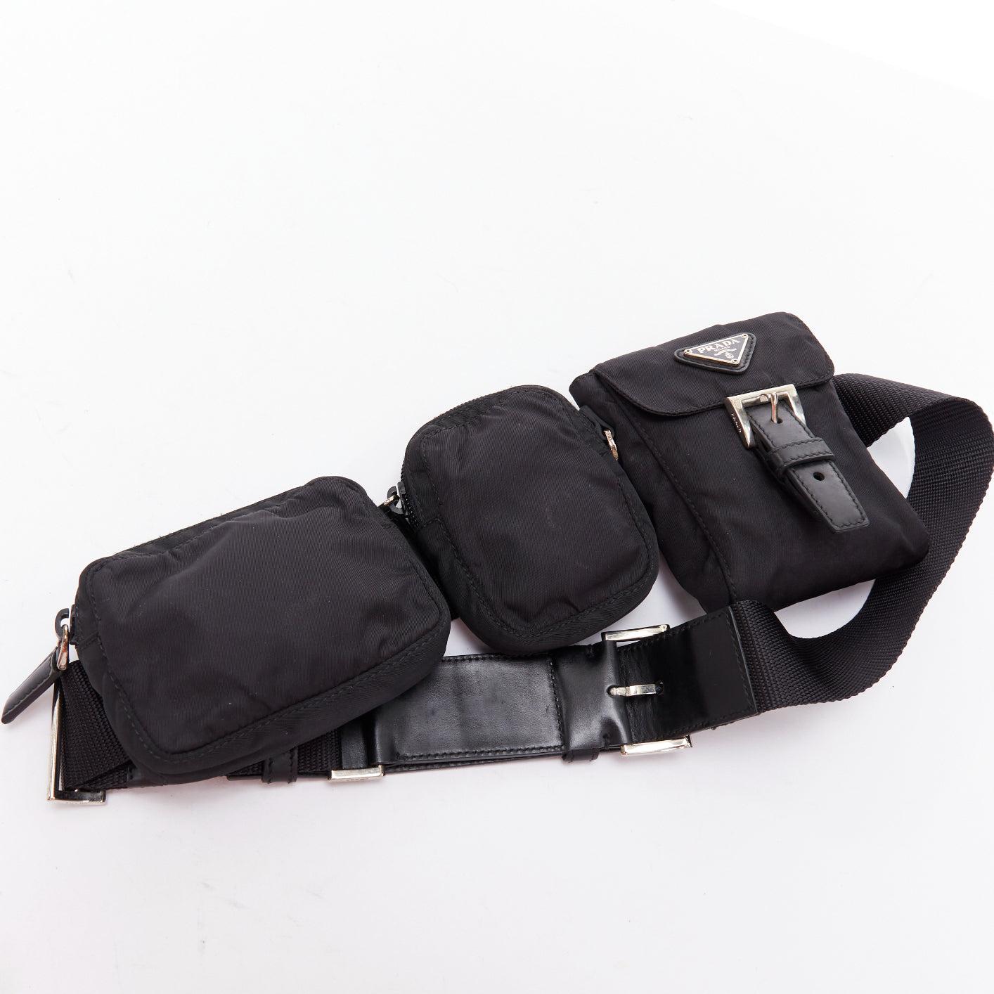 rare PRADA black nylon silver triangle logo leather triple pouch waist bag For Sale 1