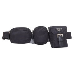 rare PRADA black nylon silver triangle logo leather triple pouch waist bag