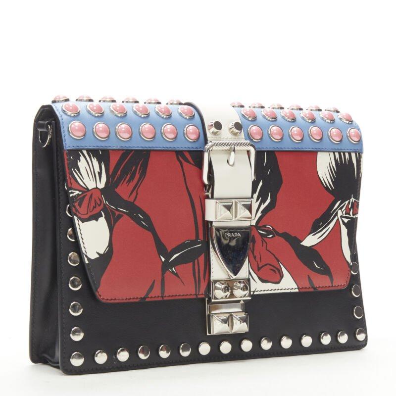 Black rare PRADA Elektra floral punk buckle pink silver studded flap crossbody bag For Sale