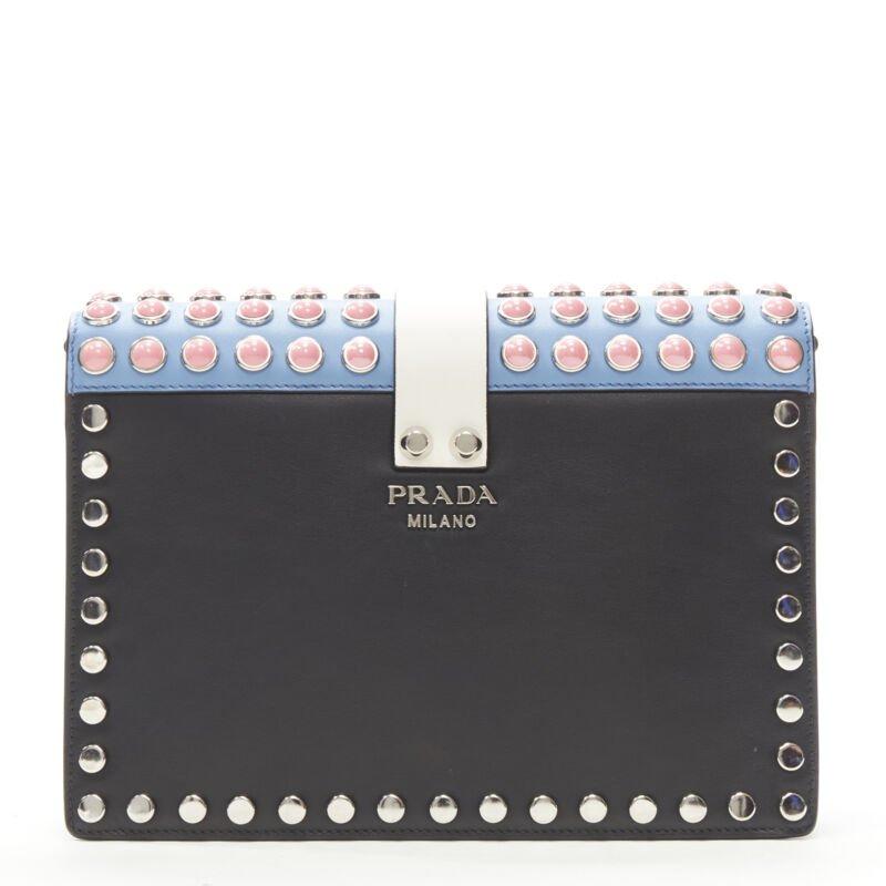Women's rare PRADA Elektra floral punk buckle pink silver studded flap crossbody bag For Sale