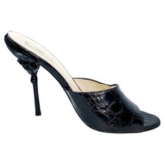 Rara PRADA Fiore Tacco Esotico Nero Coccodrillo Tacco Alto Sandali Mules 38