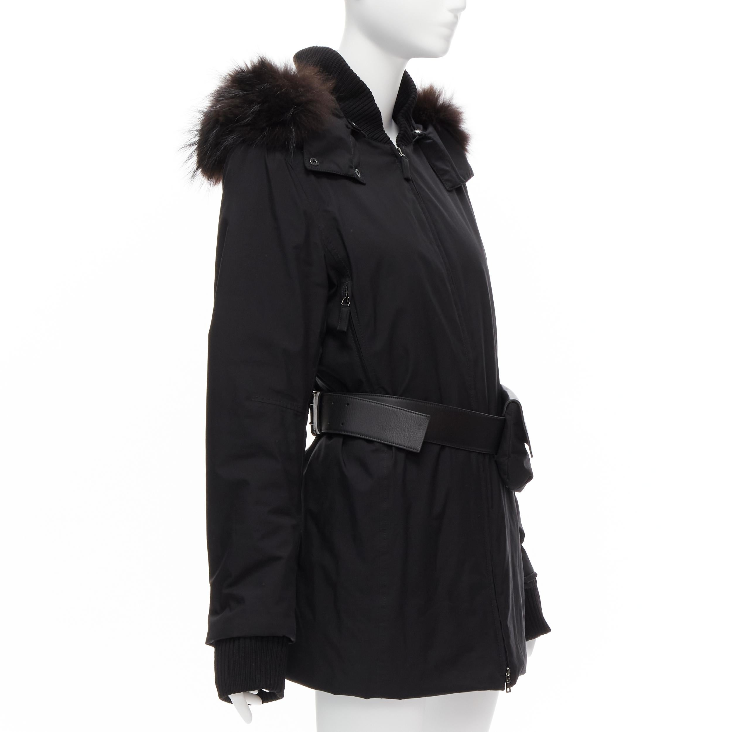 Women's rare PRADA LINEA ROSSA Vintage wool fur hood padded coat leather belt bag IT44 L