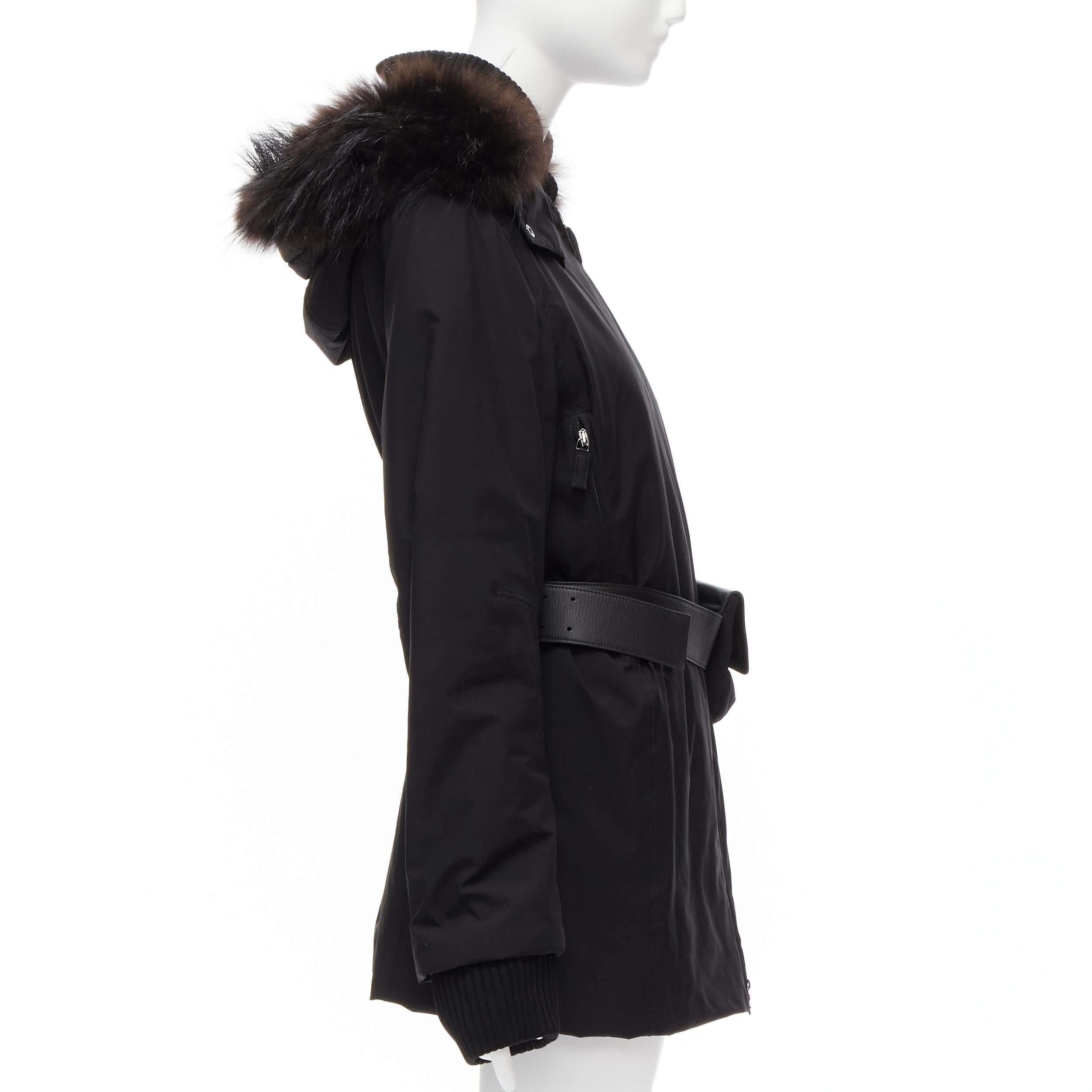 rare PRADA LINEA ROSSA Vintage wool fur hood padded coat leather belt bag IT44 L 1