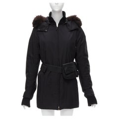 rare PRADA LINEA ROSSA Vintage wool fur hood padded coat leather belt bag IT44 L