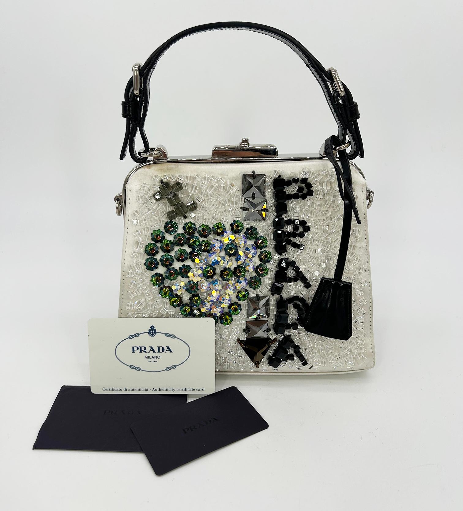 RARE Prada Raso Ricamo White Silk Crystal Beaded Frame Bag 13